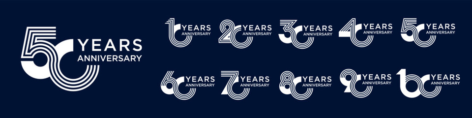 collection anniversary 10 to 100 year logo designs. abstract number for celebration event, wedding, greeting card, and invitation, vector illustration