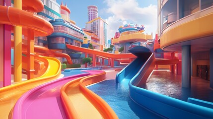 A vibrant water park featuring colorful slides and a lively atmosphere.
