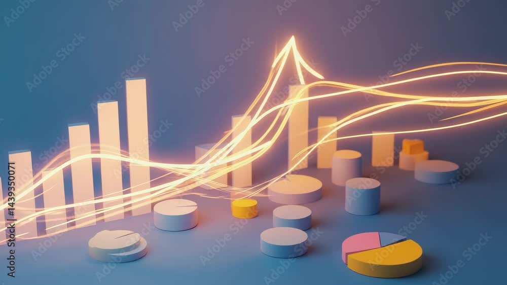 Poster a 3d bar graph and pie charts with dynamic glowing lines symbolize financial growth and data analyti