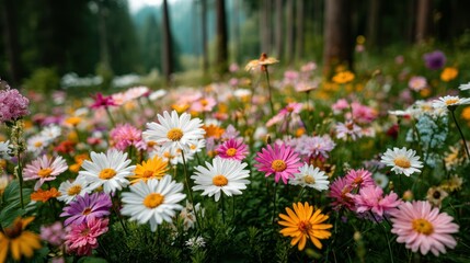 Fototapeta premium Colorful wildflower meadow in a tranquil forest setting