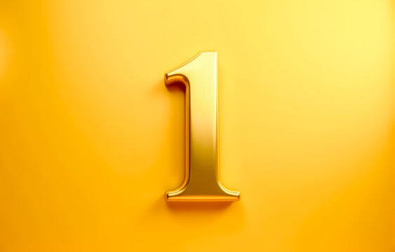Glossy golden number one 1 with realistic shadow on vibrant yellow wall representing business leadership, ranking, high quality or top position. 3d illustration