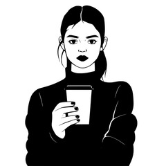 Black and White Silhouette or Line Art Illustration of Man or Woman Handing Mobile Phone - Communication Concept