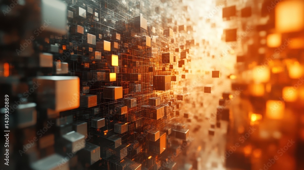Poster abstract digital network with floating, illuminated cubes and fine lines. useful for technology, dat