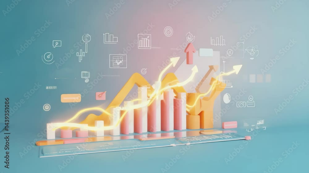 Poster a 3d bar graph with glowing trend lines and business icons represents data analysis and financial gr