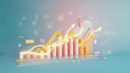 A 3D bar graph with glowing trend lines and business icons represents data analysis and financial growth on a blue background. - Powered by Adobe