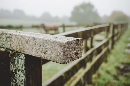 Rustic wooden fence in a foggy field