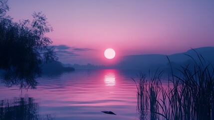 A serene sunset over a tranquil lake, showcasing hues of pink and purple.