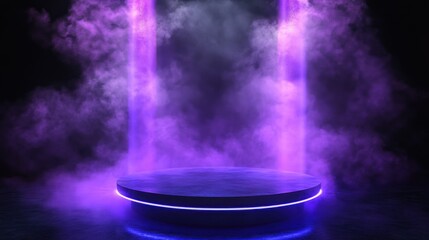 Purple neon stage, smoky backdrop, product display