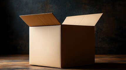 Open Cardboard Box on Wooden Surface for Delivery or Storage