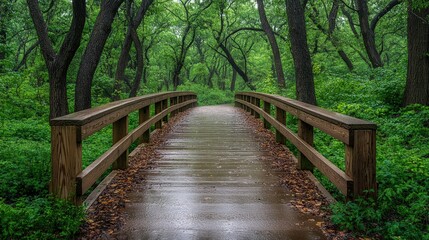 Rainslicked wooden bridge leads into emerald forest