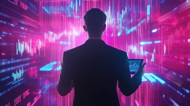 Broker reviewing data, digital backdrop