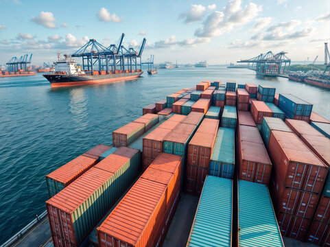 Cargo ships traveling by sea to transport goods internationally.