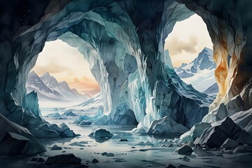 Glacial caves illuminated by natural light in watercolor style