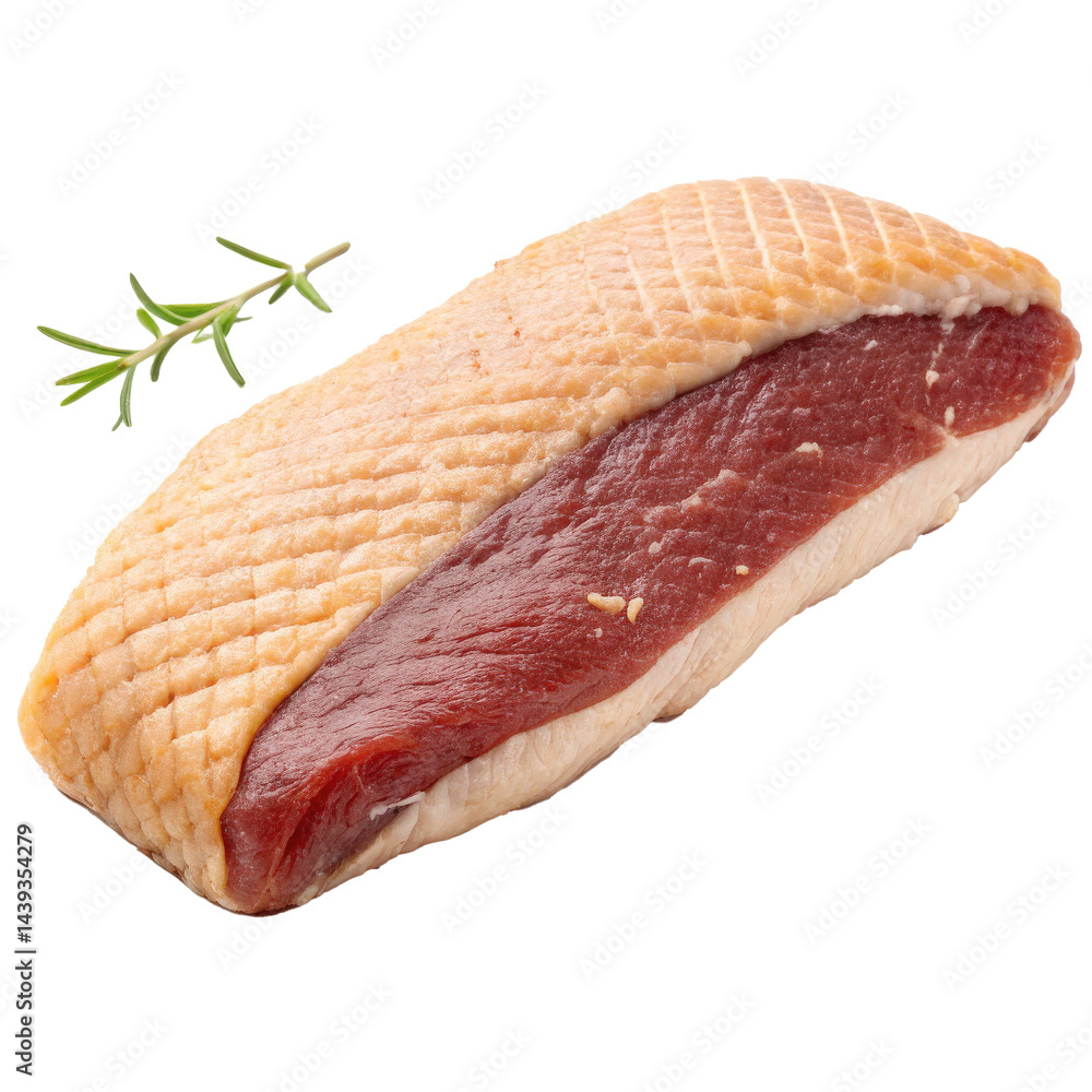 Poster duck breast fillet with fat layer and rosemary garnish, isolated on transparency background. fillet 