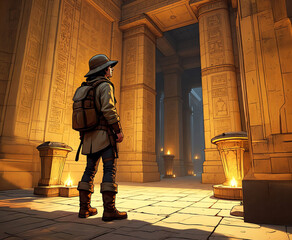 Adventurous woman explores a mysterious temple in Egypt.