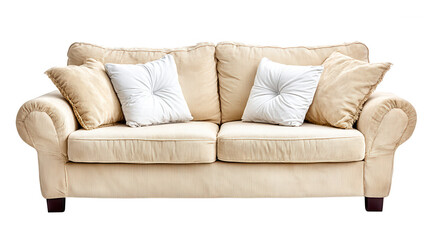Fototapeta premium Beige sofa with white cushions is isolated against a white background