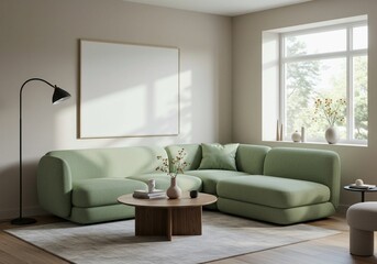 A modern home interior is depicted, featuring a stylish light green curved sofa, a round wooden coffee table, and bright natural light illuminating the space