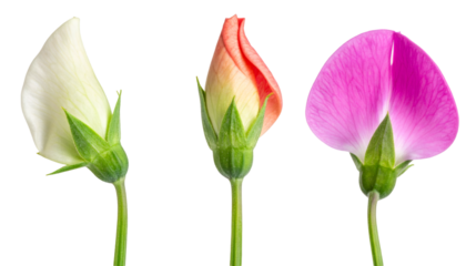 Sweet pea buds showing different development stages on transparent background
