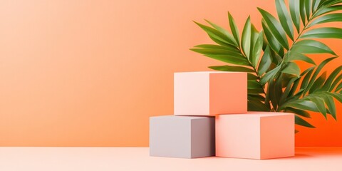 Pastel Cubes and Tropical Leaves on Orange Background