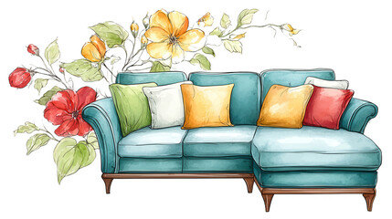 Watercolor style turquoise sofa adorned with pillows and flower decoration.