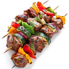 Delicious beef kebab skewers with vegetables recipe grilled on white background for summer barbecue party on transparent background