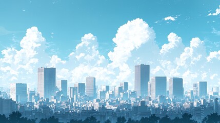 Stunning city skyline under a bright blue sky with fluffy clouds.