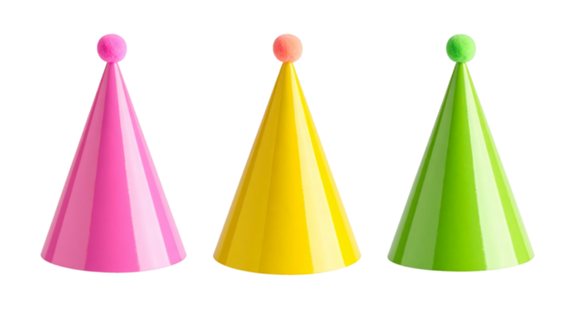 Set of three colorful birthday party hats isolated on transparent background