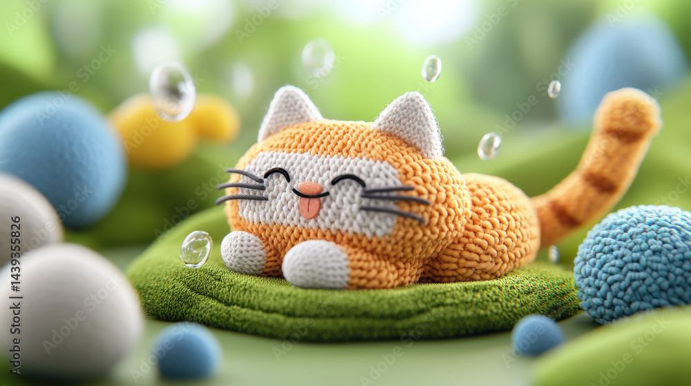 Poster cute knitted cat toy with joyful expression lies on green surface surrounded by colorful yarn balls 