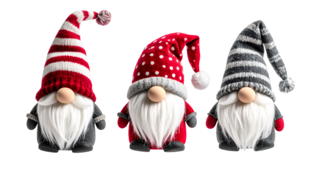 Three Christmas gnomes wearing different hats isolated on transparent background