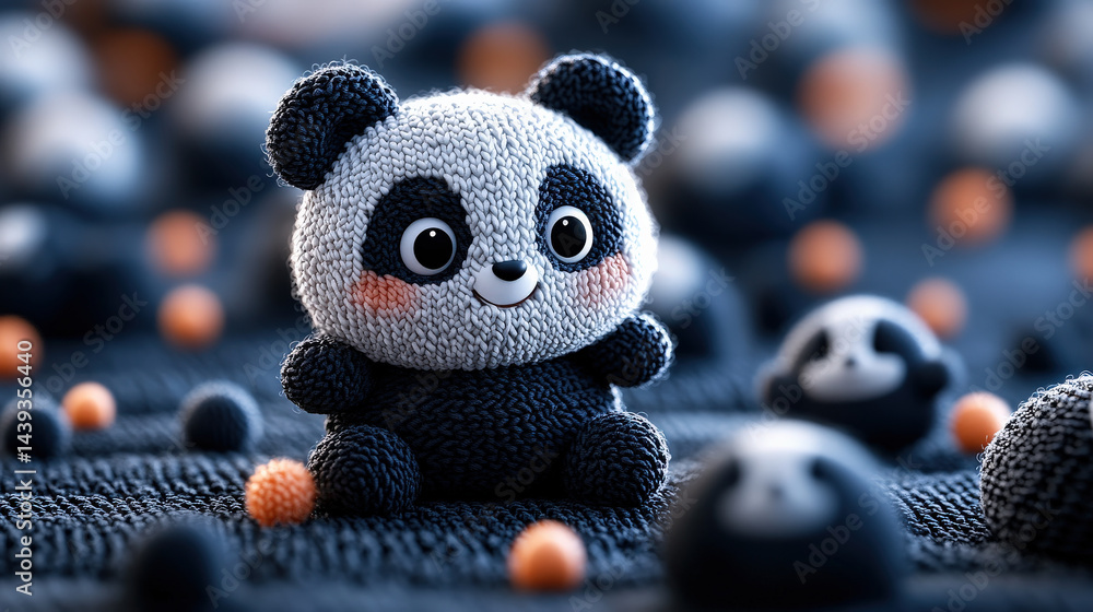 Aufkleber Cute knitted panda toy sits among smaller panda figures on textured surface, creating playful and cozy atmosphere. scene is filled with soft colors and charming details