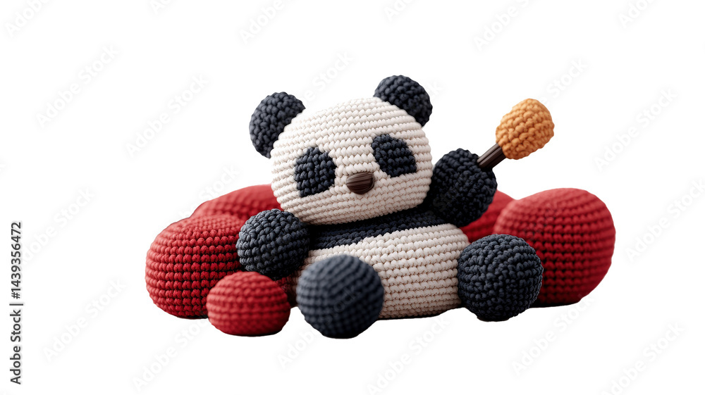 Poster cute inflatable panda with knitted texture sits among red knitted cushions, holding small orange obj