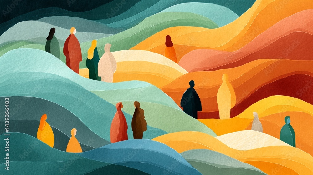 Aufkleber abstract figures among colorful, wavy patterns create a dynamic scene. diversity in healthcare.