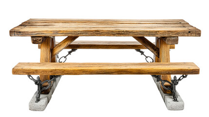An empty picnic table made of rough wood sits isolated against white backdrop