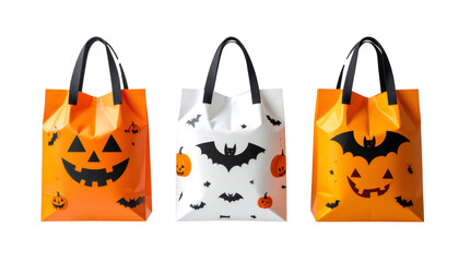 Set of three halloween trick or treat bags with spooky designs featuring pumpkins, bats and jack o' lanterns on transparent background