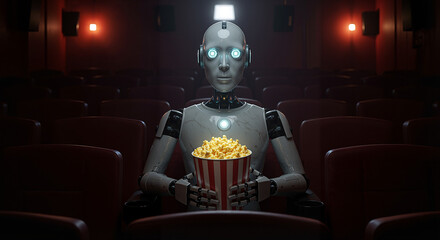 Robot watching movie while holding popcorn in a dark theater  