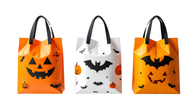 Set of three halloween trick or treat bags with spooky designs featuring pumpkins, bats and jack o' lanterns on transparent background