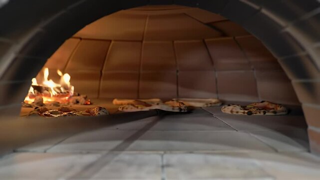 Several Pizzas Cooking Simultaneously Surrounded by Glowing Embers Beneath Fire Bricks Inside Oven With Metal Server