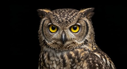 Fototapeta premium Majestic owl portrait with intense yellow eyes against a dark background