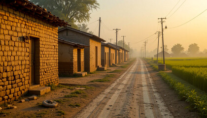 Obraz premium Village road with brick houses and crop field
