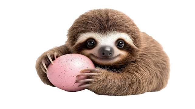 Cheerful sloth holding pink Easter egg with content expression, showcasing its gentle nature and adorable features. sloth fur is soft and fluffy, adding to its charm