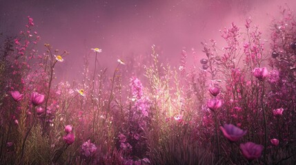 Vibrant Floral Field with Soft Pink Hues and Delicate Blossoms Surrounded by Gentle Mist in a Dreamy Landscape