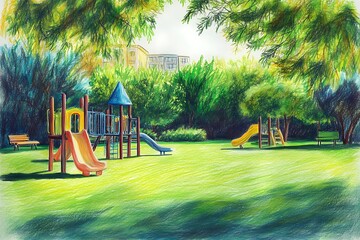 a crayon illustration of playground in the park