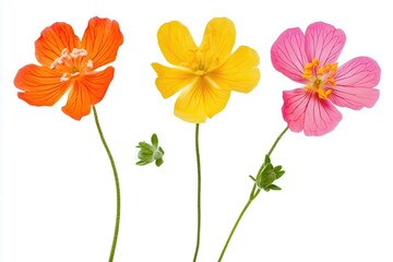 Vibrant trio of orange, yellow, and pink flowers with green leaves on a white background
