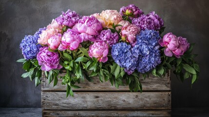 Welcoming Floral Arrangement of Vibrant Peonies and Hydrangeas in Rustic Wooden Box on Gray Background