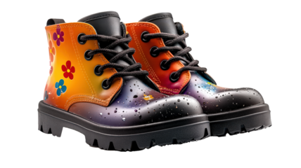 Vibrant pair of rain boots with colorful floral design and water droplets on surface, showcasing playful and cheerful style