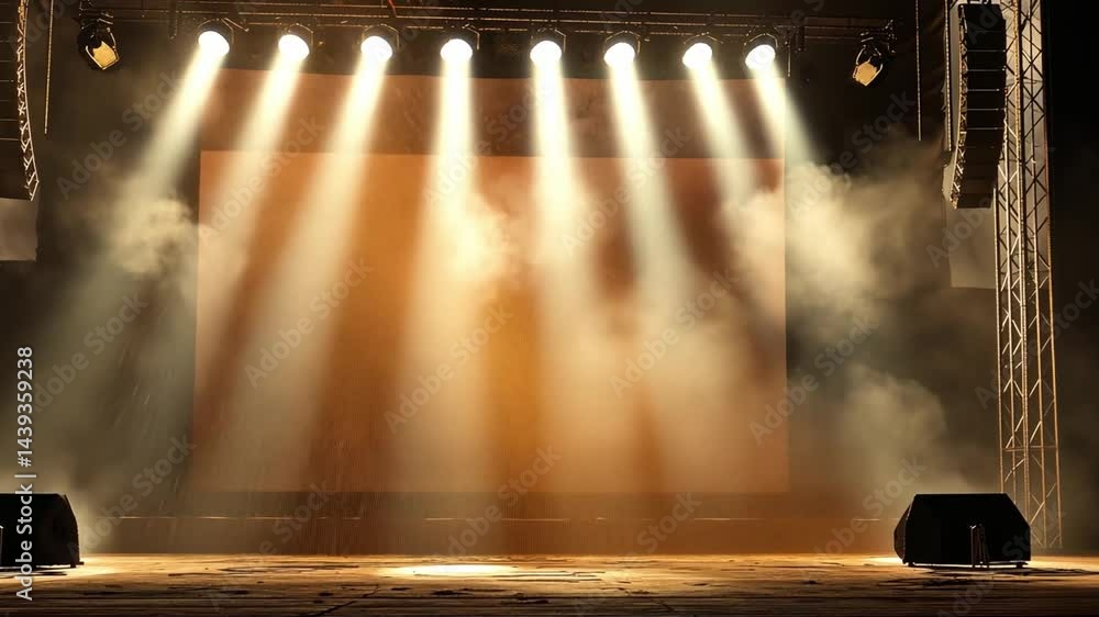 Poster dramatic stage setup with bright lights and fog creating exciting ambiance for performance or event,