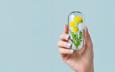 Hand holding a transparent capsule containing dandelion flowers and leaves on a light blue background