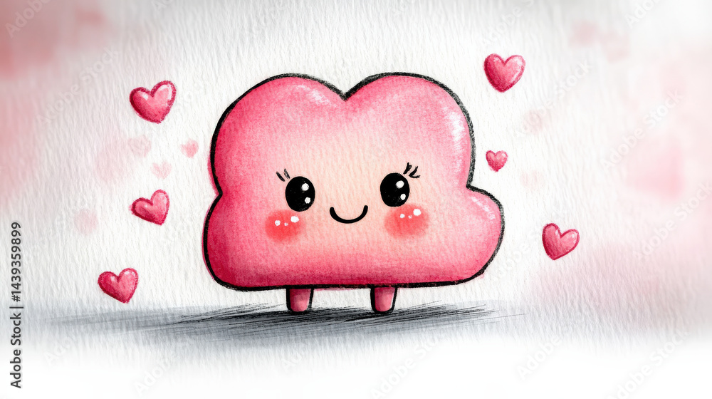 Poster cute doodle character of smiling cloud with blush and hearts creates joyful and whimsical atmosphere