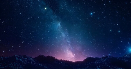 Naklejka premium Amazing Panorama blue night sky milky way and star on dark background.Universe filled with stars, nebula and galaxy with noise and grain.Photo by long exposure and select white balance.selection focus