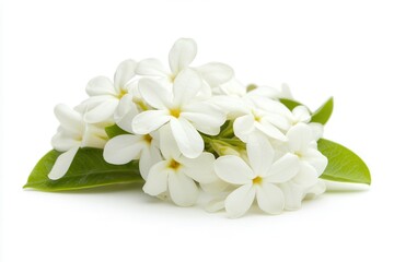 A beautiful cluster of white flowers with green leaves on a plain background